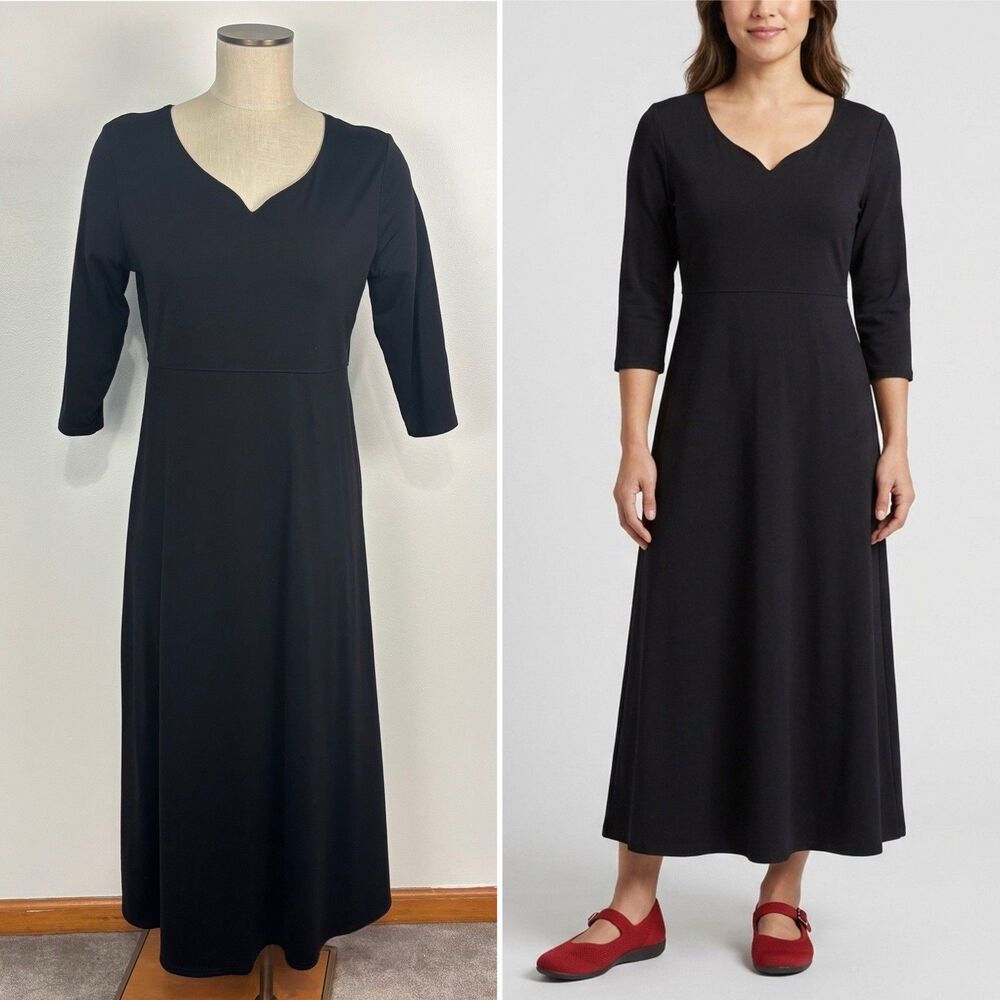 TravelSmith Women MP Dress Black Maxi 3/4 Sleeve Sweetheart Neck USA Nylon Lycra